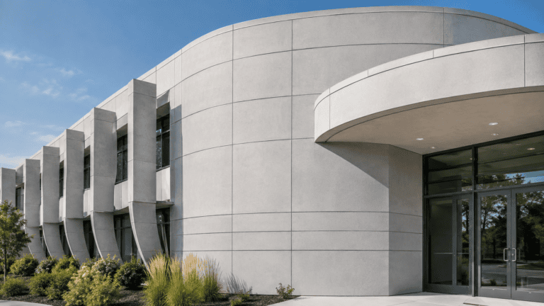 Modern building with curved glass fiber reinforced concrete GFRC façade panels.