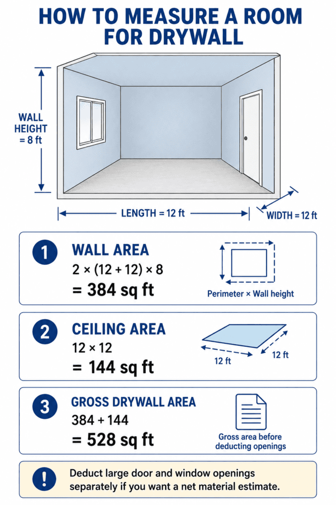 Diagram showing how to measure drywall area in a 12 × 12 ft room with 8 ft walls, including wall area, ceiling area, and 528 sq ft gross drywall area.