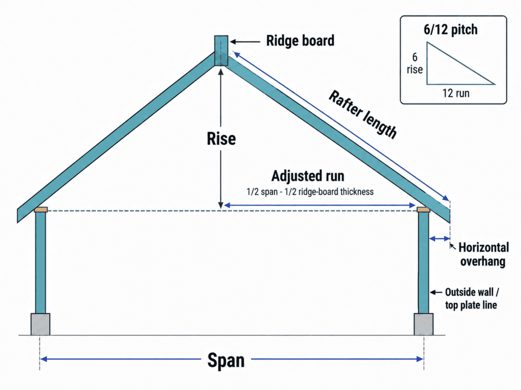 Common rafter geometry showing span, adjusted run, rise, roof pitch, rafter length, and horizontal overhang for rafter length calculator.