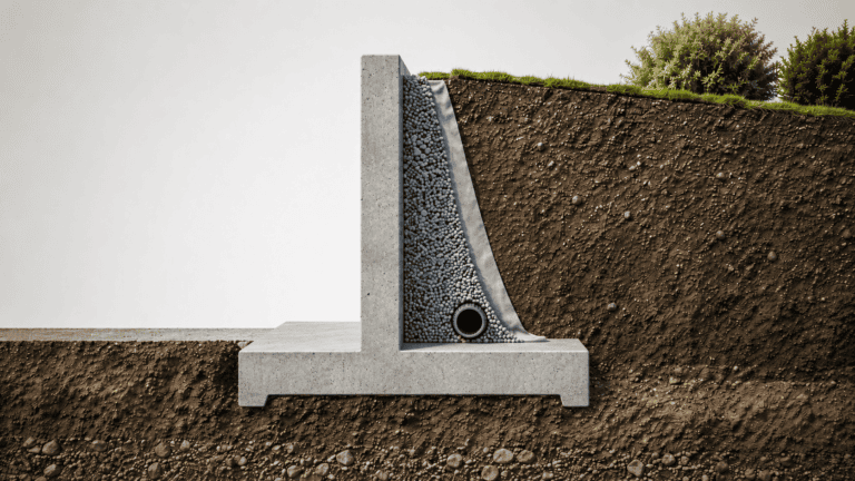 Retaining wall design cross-section showing a reinforced-concrete cantilever wall, retained soil, drainage aggregate, geotextile, and drain pipe.