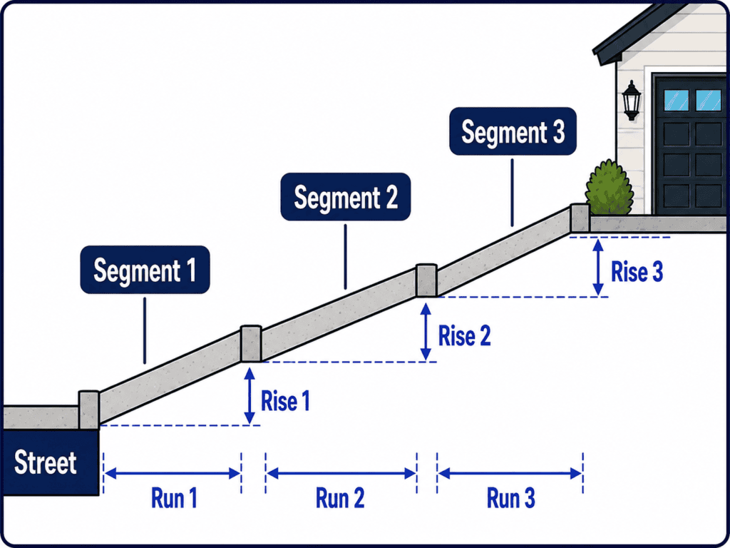 Segmented driveway slope calculator diagram showing separate horizontal run and vertical rise measurements for the apron, main driveway, and garage transition.
