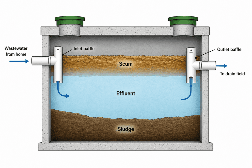 Septic tank diagram showing scum, effluent, sludge, inlet baffle, outlet baffle, and flow to the drain field.