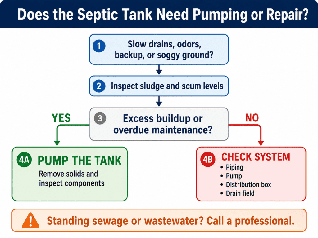 Septic tank pumping or repair flowchart showing when to pump the tank or check piping, pump, distribution box, and drain field.