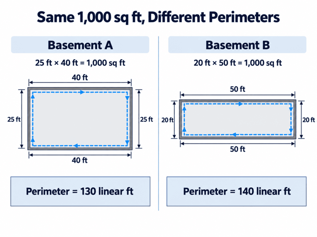 Two 1,000-square-foot basement layouts showing 130-foot and 140-foot perimeters to explain why basement waterproofing cost can vary by foundation perimeter.
