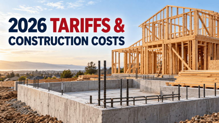 Concrete foundation, reinforcing steel, and lumber framing illustrating the impact of 2026 tariffs on construction costs