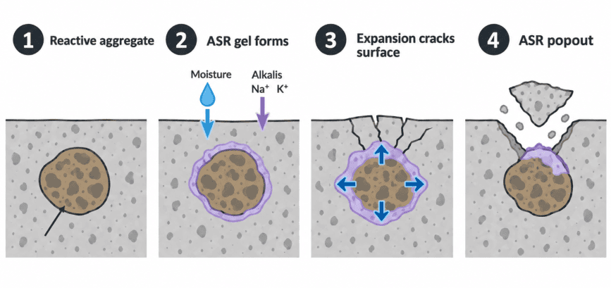 Diagram showing how alkali-silica reaction causes a concrete popout when reactive aggregate near the surface forms expansive ASR gel, cracks the concrete, and ejects a small surface piece.