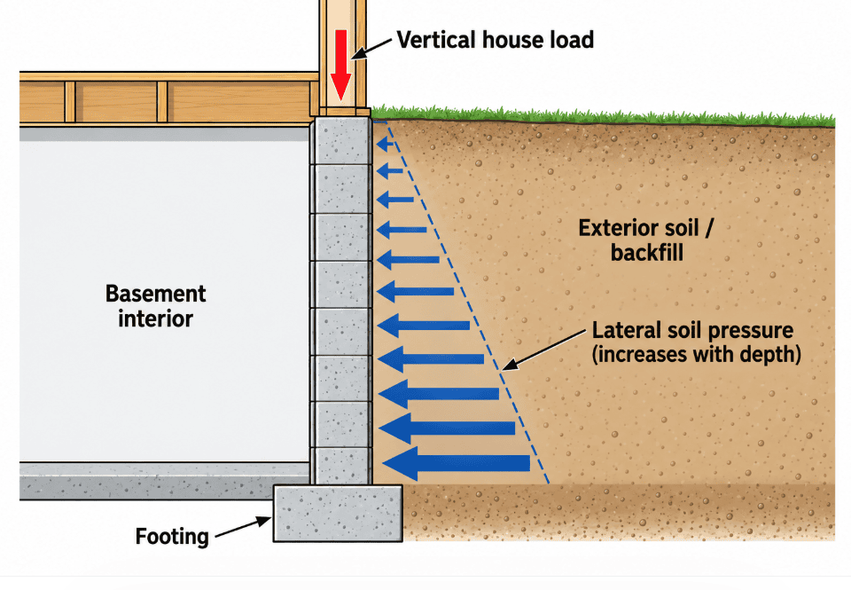 Diagram showing vertical house load on a concrete block basement wall and lateral soil pressure increasing with depth against the exterior backfill.