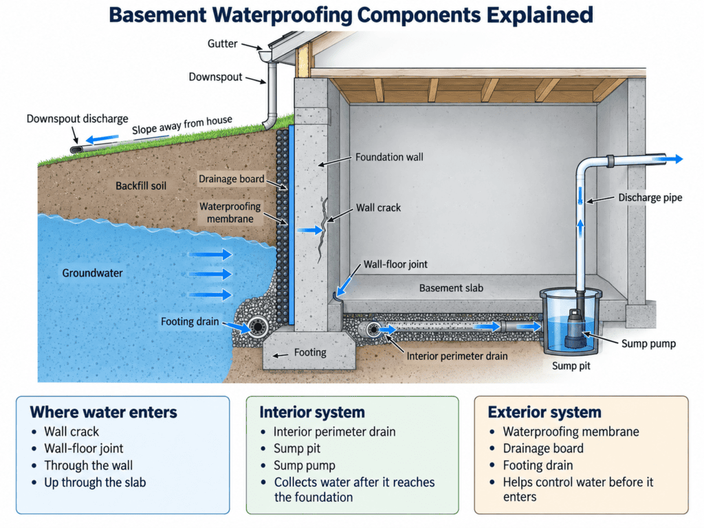 Basement waterproofing infographic showing a foundation wall cross-section with footing drain, waterproofing membrane, drainage board, interior perimeter drain, sump pump, wall crack, and wall-floor joint.
