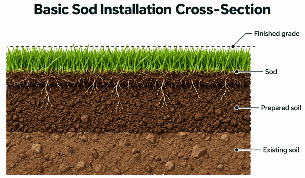Basic sod installation cross section showing sod, prepared soil, existing soil, and finished grade