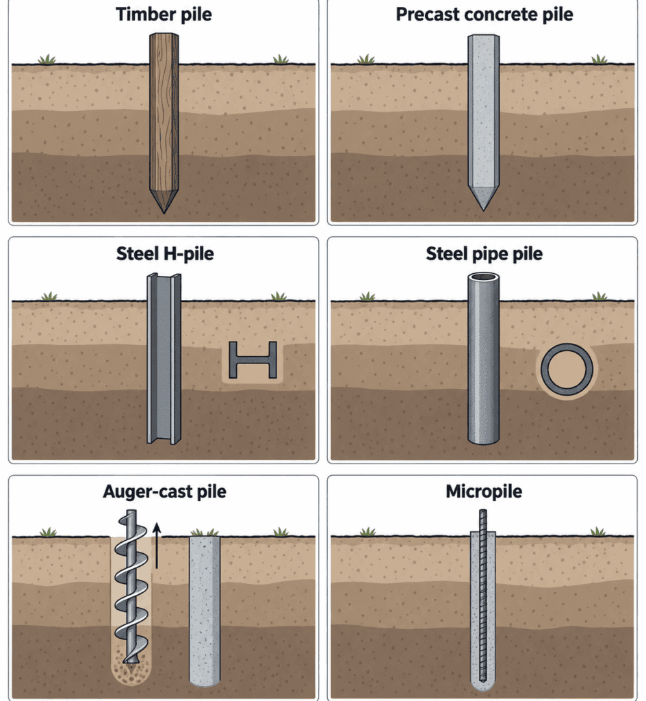 Common types of foundation pilings including timber, precast concrete, steel H-pile, steel pipe pile, auger-cast pile, and micropile.