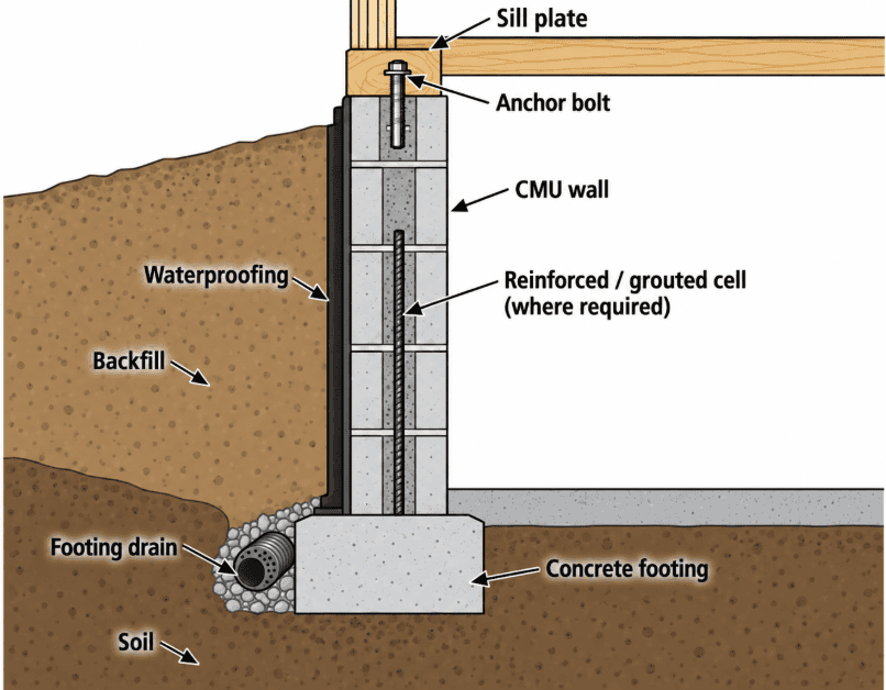 Cross-section diagram of a concrete block foundation showing the CMU wall, concrete footing, waterproofing, footing drain, backfill, soil, sill plate, anchor bolt, and a reinforced grouted cell where required.