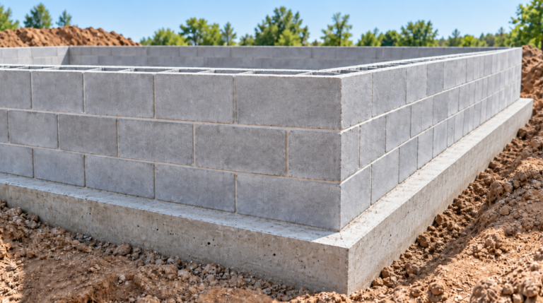 Concrete block foundation wall built on a visible strip footing in an excavation, showing a CMU foundation under construction.