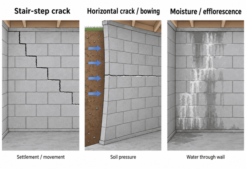 Diagram showing common concrete block foundation problems, including a stair-step crack, a horizontal crack with wall bowing, and moisture or efflorescence on a basement wall.