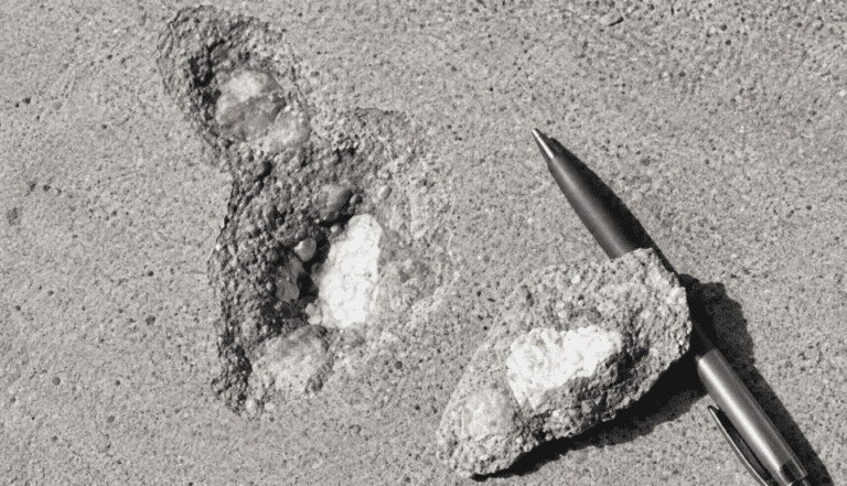 Concrete popout showing a cone-shaped surface cavity, exposed aggregate, and the broken concrete fragment beside the damaged area.