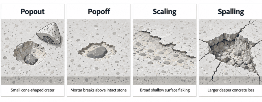 Diagram comparing concrete popout, popoff, scaling, and spalling, showing the different surface damage patterns and what fails in each defect.