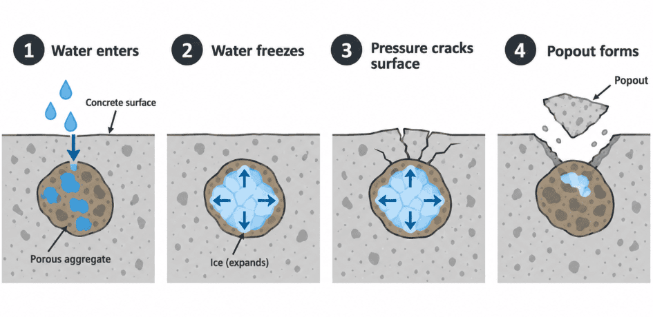 Simple step-by-step diagram showing how concrete popouts form when water enters a porous aggregate particle near the surface, freezes, creates pressure, cracks the surface, and causes a popout.
