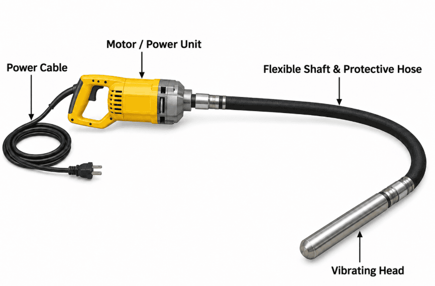 Internal concrete vibrator diagram showing the power cable, motor unit, flexible shaft and protective hose, and vibrating head.