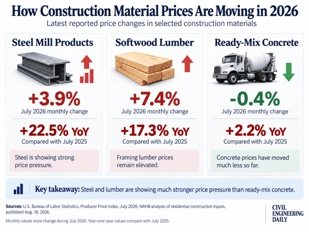 2026 price changes for steel mill products, softwood lumber, and ready-mix concrete.