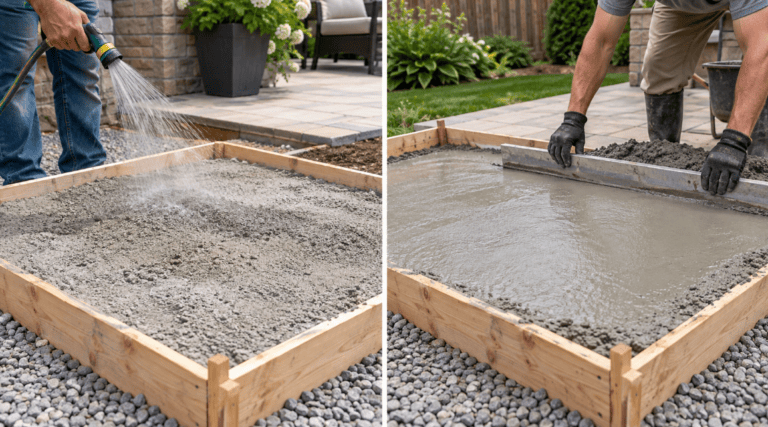 Dry pour concrete and wet pour concrete shown side by side, with water sprayed onto dry concrete mix on the left and fresh mixed concrete being screeded on the right.