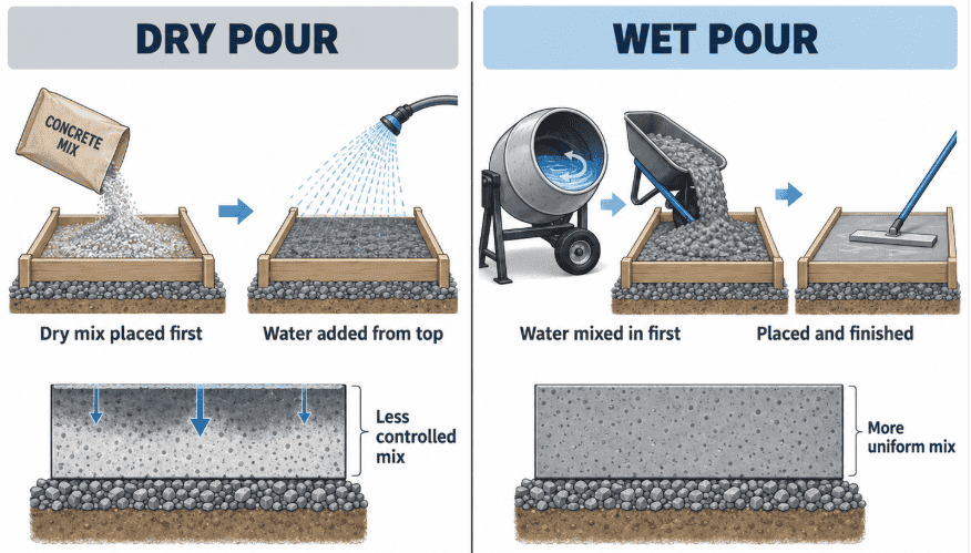 Side-by-side diagram comparing dry pour and wet pour concrete, showing dry mix placed first with water added from the top versus concrete mixed with water first for a more uniform slab.