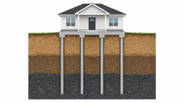 Foundation pilings supporting a house through weak upper soil into deeper competent ground.