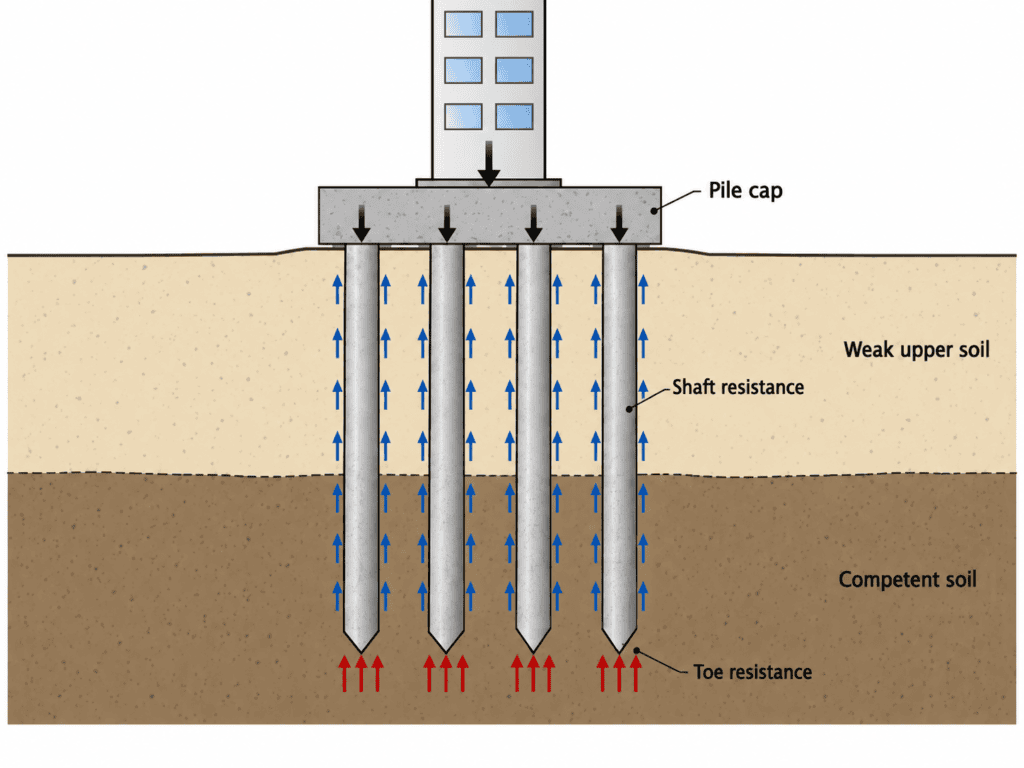 Foundation pilings diagram showing a pile cap, shaft resistance, toe resistance, weak upper soil, and competent soil.