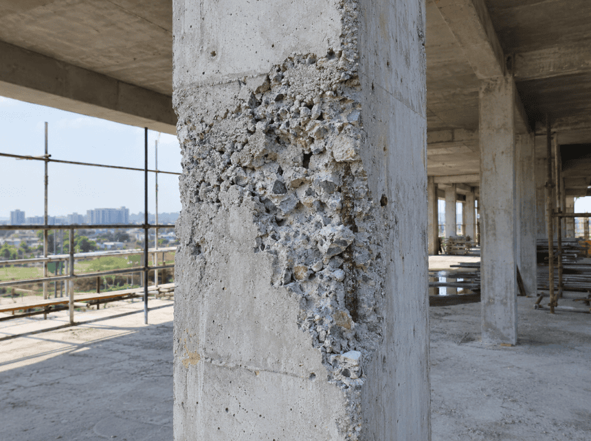 Honeycombing in a reinforced concrete column showing exposed coarse aggregate and voids caused by poor consolidation.
