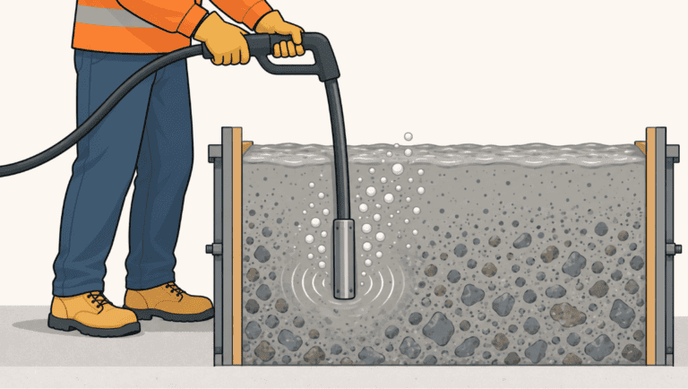 Internal vibration of concrete showing a vibrating head consolidating fresh concrete and removing entrapped air.