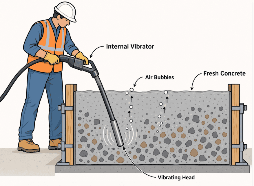 Internal vibration of concrete showing an internal vibrator removing entrapped air and consolidating fresh concrete around reinforcement.
