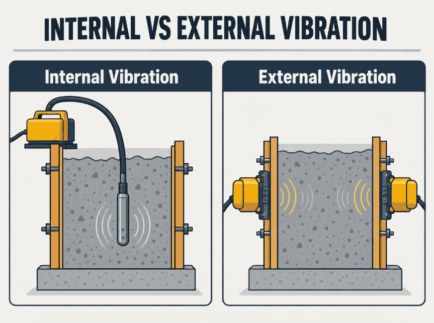 Internal vs external vibration of concrete showing an immersed vibrator head inside fresh concrete and form-mounted vibrators applying vibration through the formwork.
