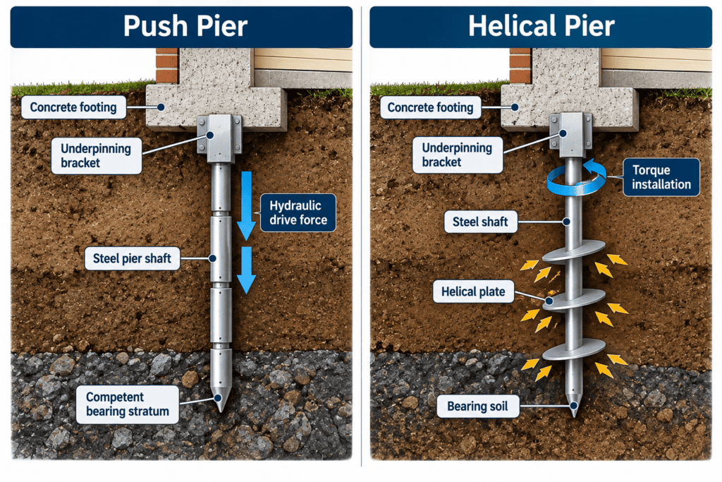 Push pier vs helical pier foundation repair diagram showing hydraulic push pier installation and helical pier torque installation beneath a concrete footing.