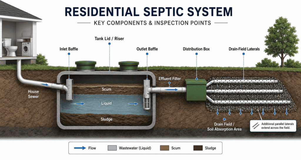 Septic tank inspection diagram showing the tank, inlet and outlet baffles, effluent filter, distribution box, drain-field laterals, and soil absorption area.