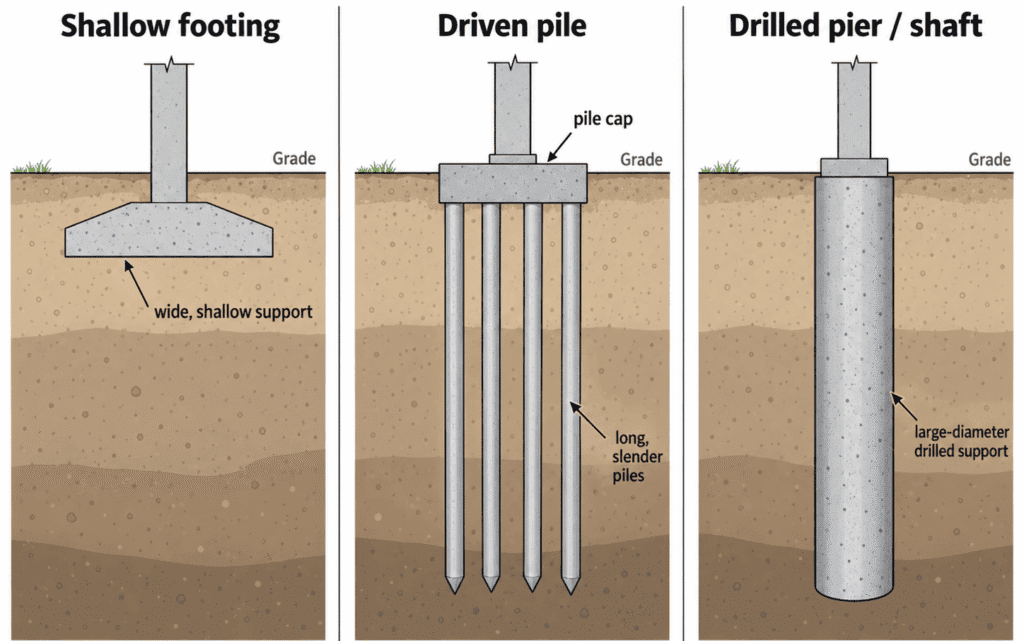 Diagram comparing a shallow footing, driven pile foundation, and drilled pier or shaft below grade.