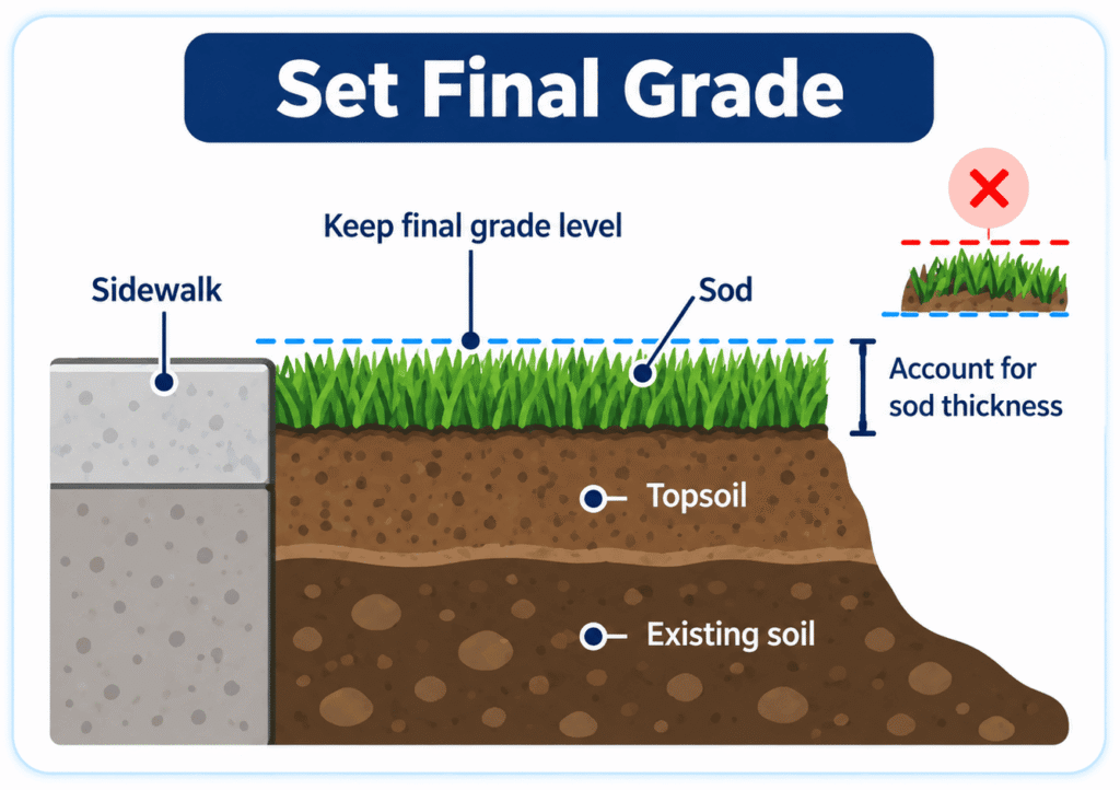 Sod final grade diagram showing sod, topsoil, existing soil, and correct lawn height beside a sidewalk