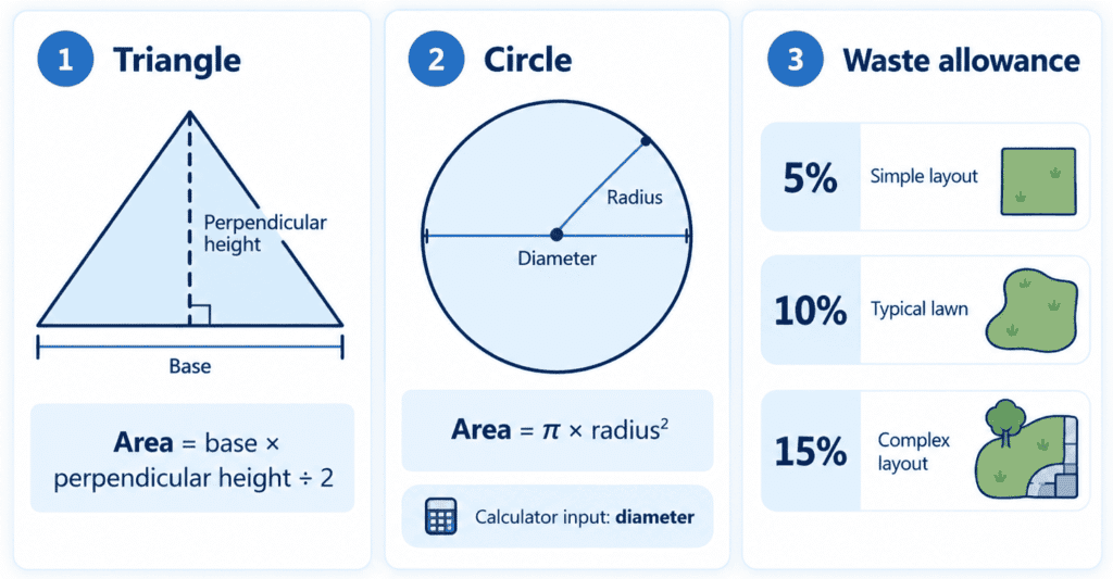 Sod lawn area measurement diagram showing triangle area, circle diameter, and 5%, 10%, and 15% waste allowances