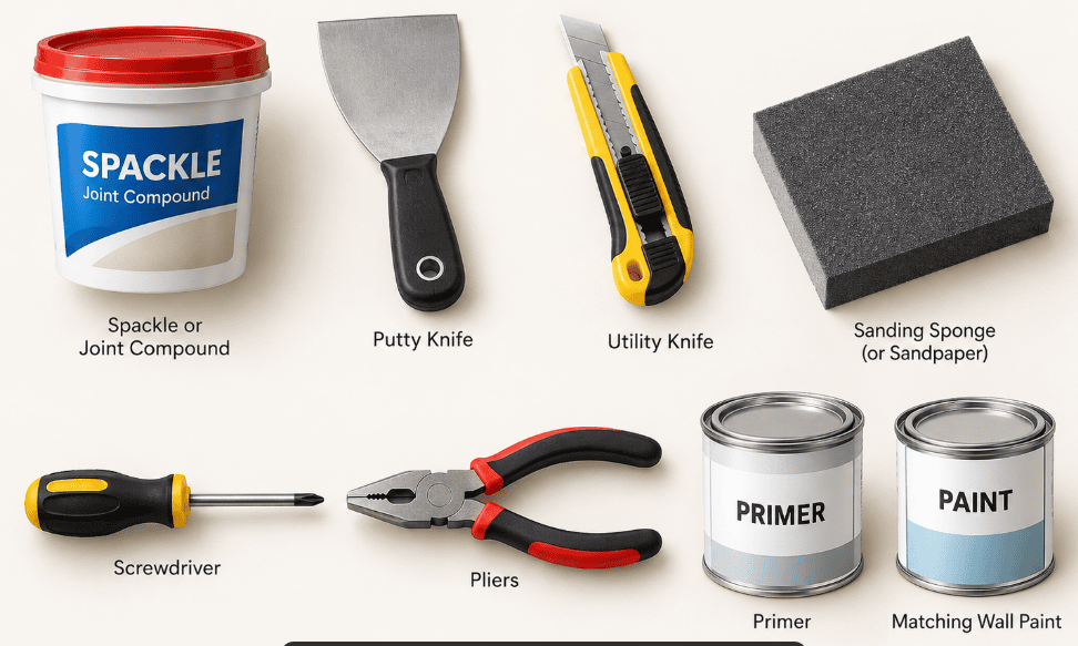 Tools for drywall anchor hole repair including spackle, putty knife, utility knife, sanding sponge, screwdriver, pliers, primer, and wall paint