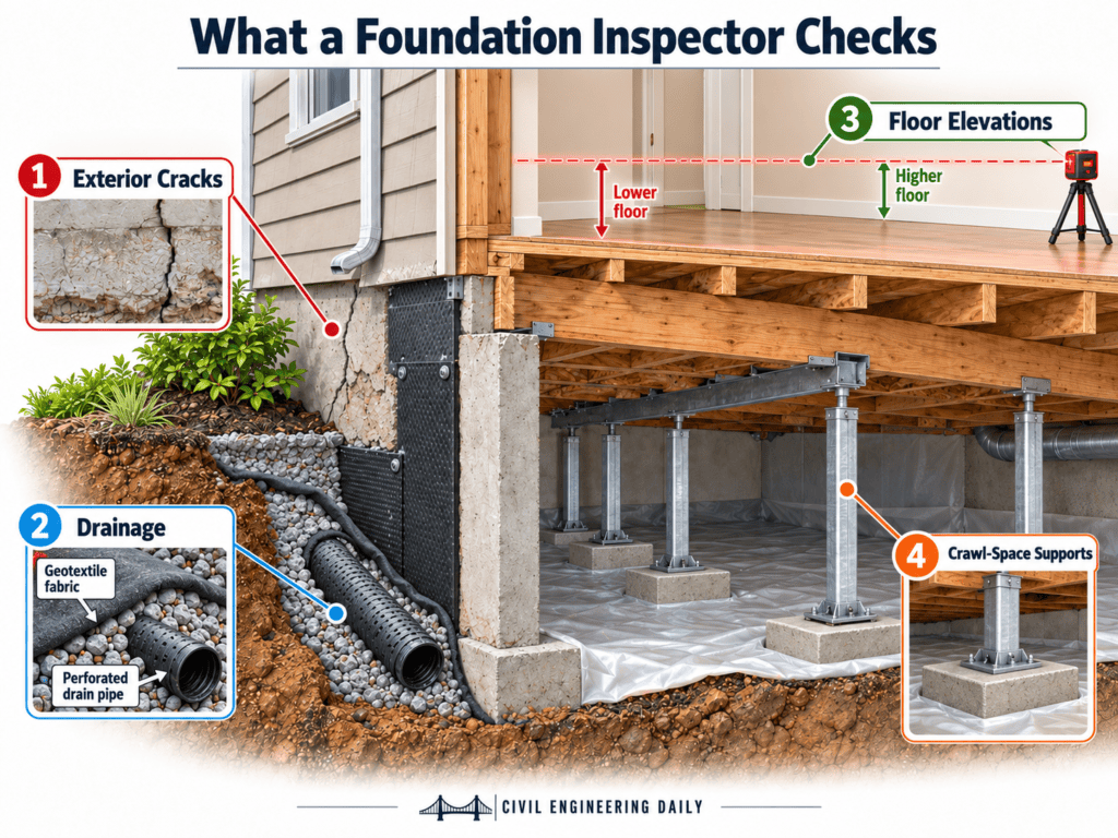 Cutaway foundation inspection diagram showing exterior cracks, drainage pipe, floor elevation measurements, and crawl-space support posts.