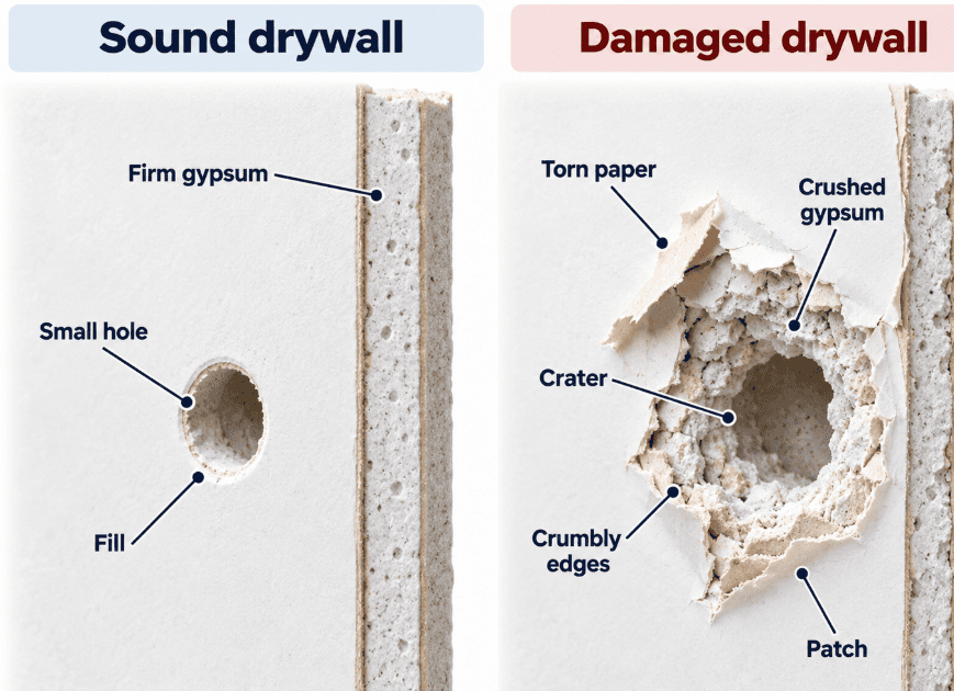 Sound versus damaged drywall around an anchor hole showing firm gypsum, torn paper, crushed gypsum, crumbling edges, and when to fill or patch